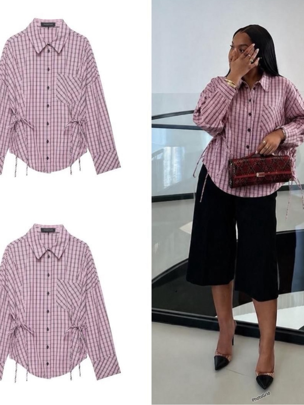 Zara Pink Plaid Drawstring Button-Down Shirt with Chest Pocket